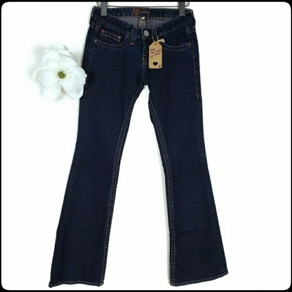 Bebe Kayla Flare Gold Rhinestone Embellished Deep Wash Stretchy Jeans Size: 26P